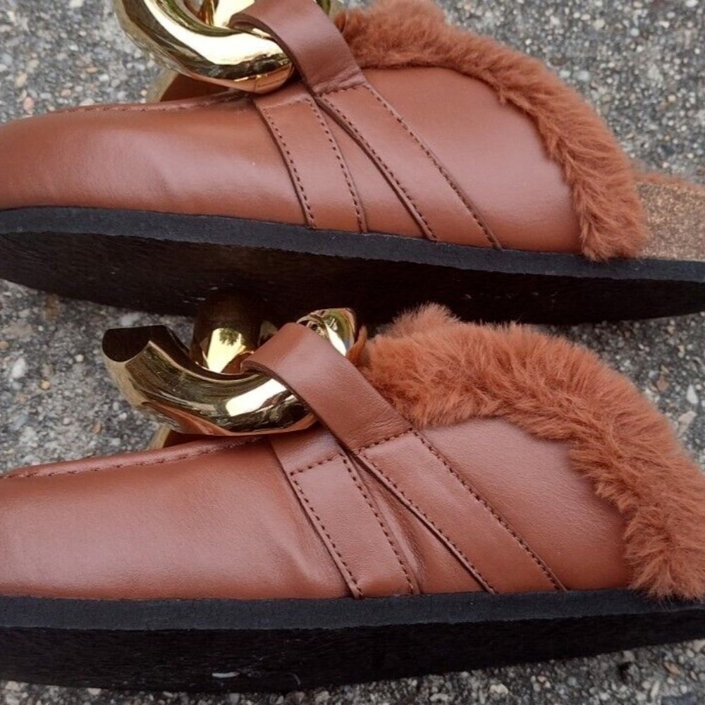 JW Anderson Leather Loafer Shearling Lined Gold Chain Brown Italy NWOT - Picture 6 of 12